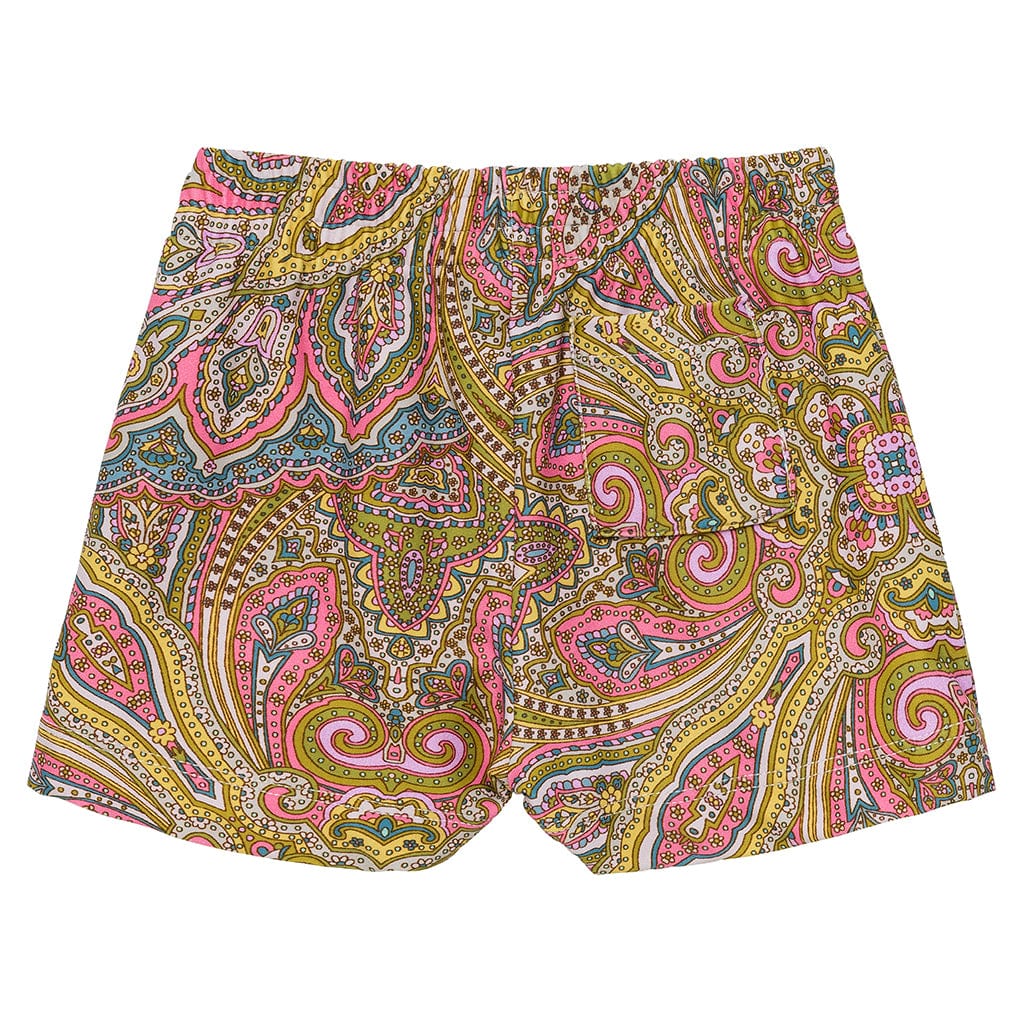 Colorful paisley patterned swim trunk with gold, pink, purple, and green ornamental designs throughout.