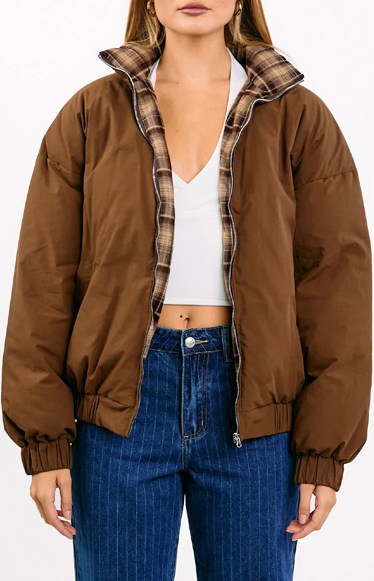 All I Wanted Puffer Jacket | Brown Plaid