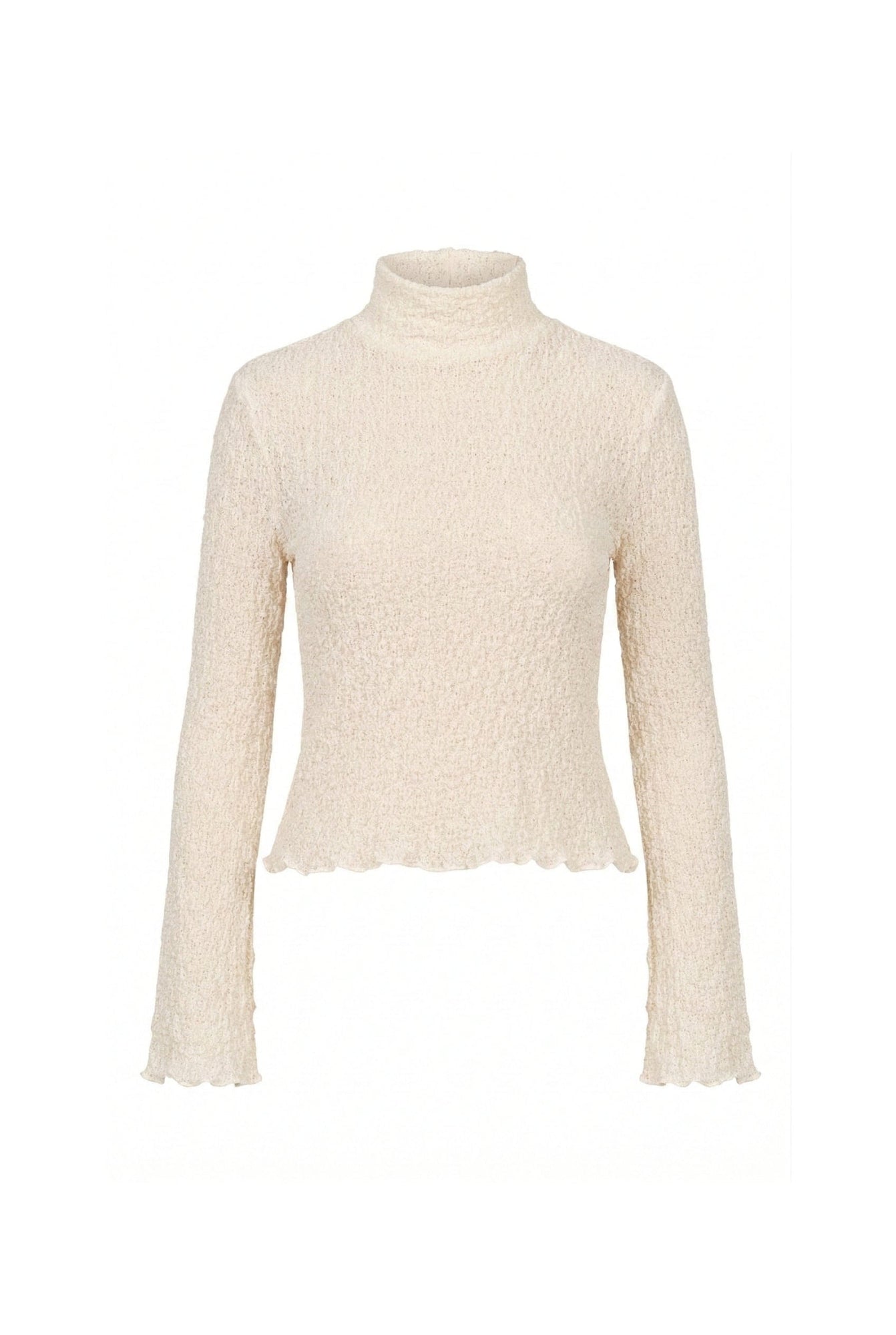 Cream textured turtleneck long-sleeve top with scalloped trim at hemline and cuffs.