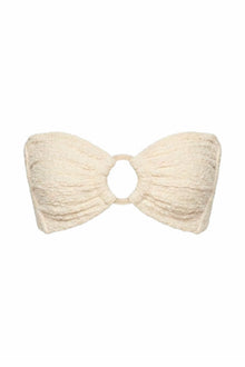 Cream textured bandeau bikini top with ruched fabric and center cutout detail.