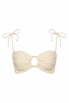 Cream textured bandeau bikini top with center cutout and tie shoulder straps.