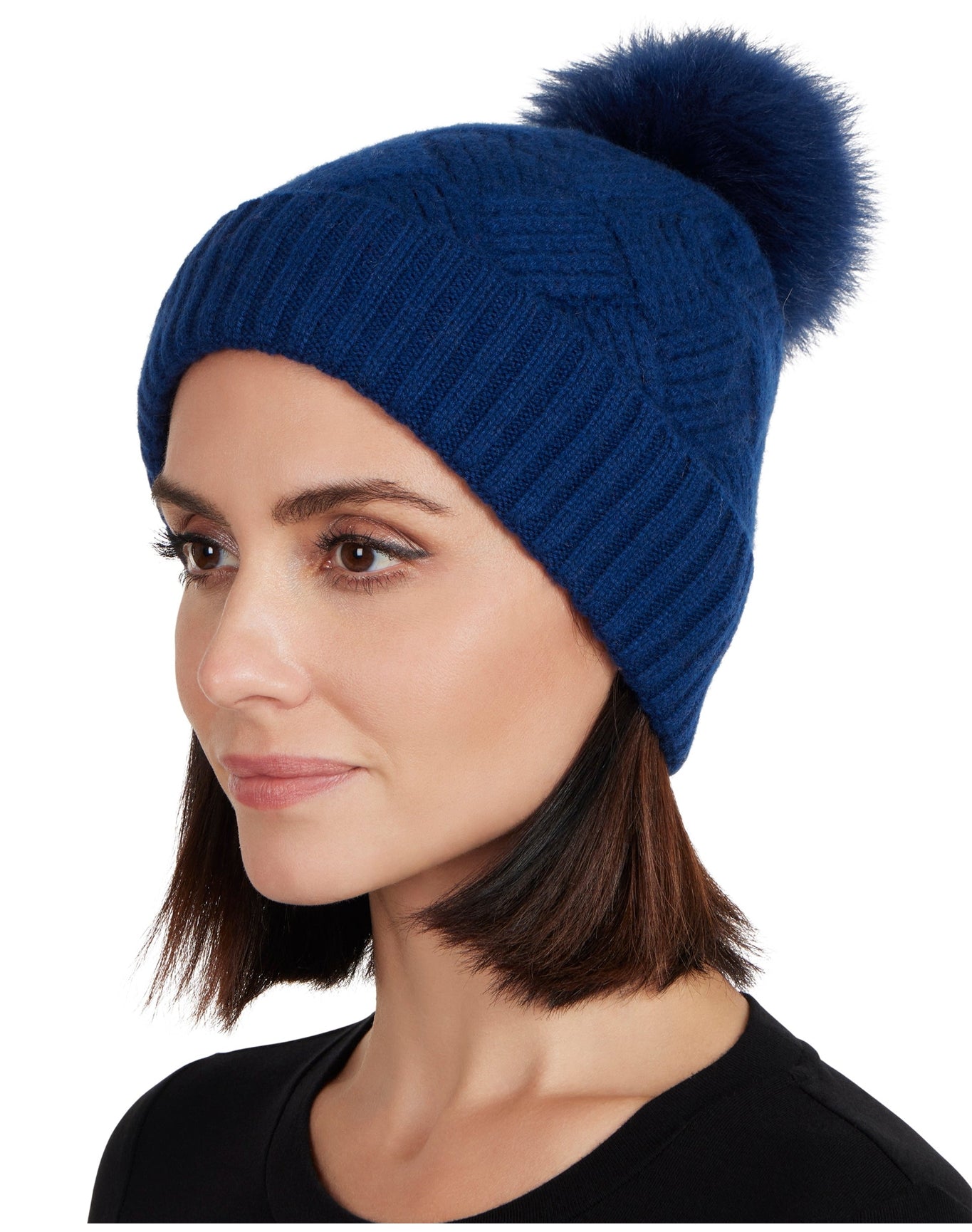 Amicale Cashmere | Women | Knit Cashmere Hat With Basketweave Design | Navy