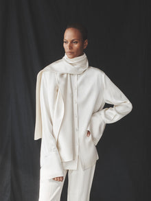 Another Tomorrow Band Collar Blouse With Scarf in Cream – Satin Women's Top