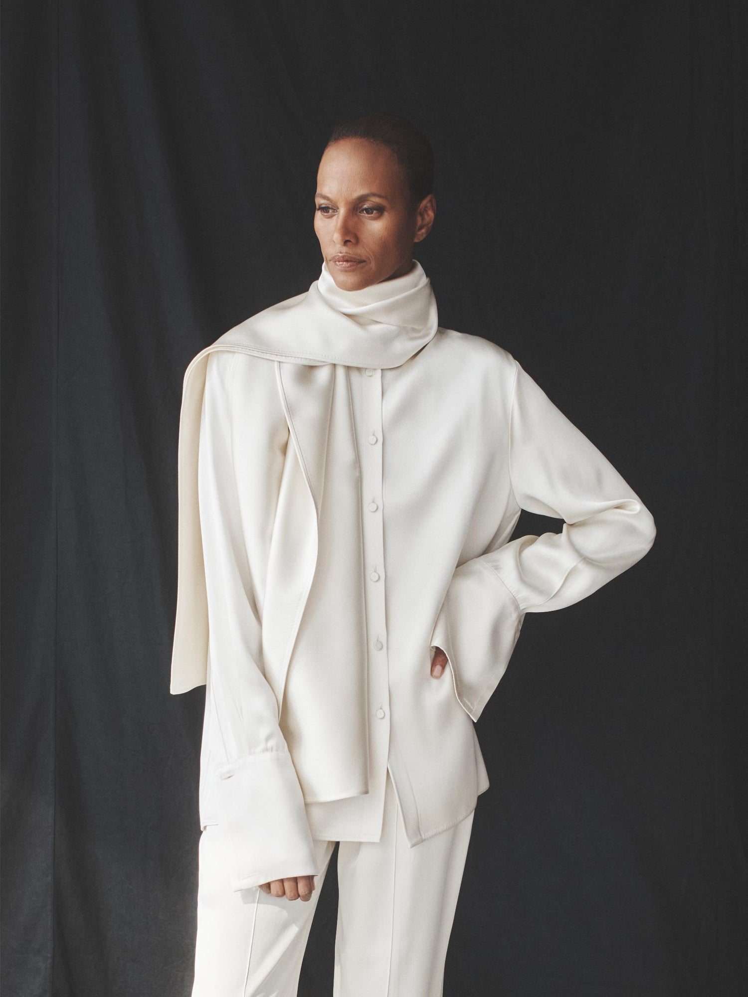 Another Tomorrow Band Collar Blouse With Scarf in Cream – Satin Women's Top