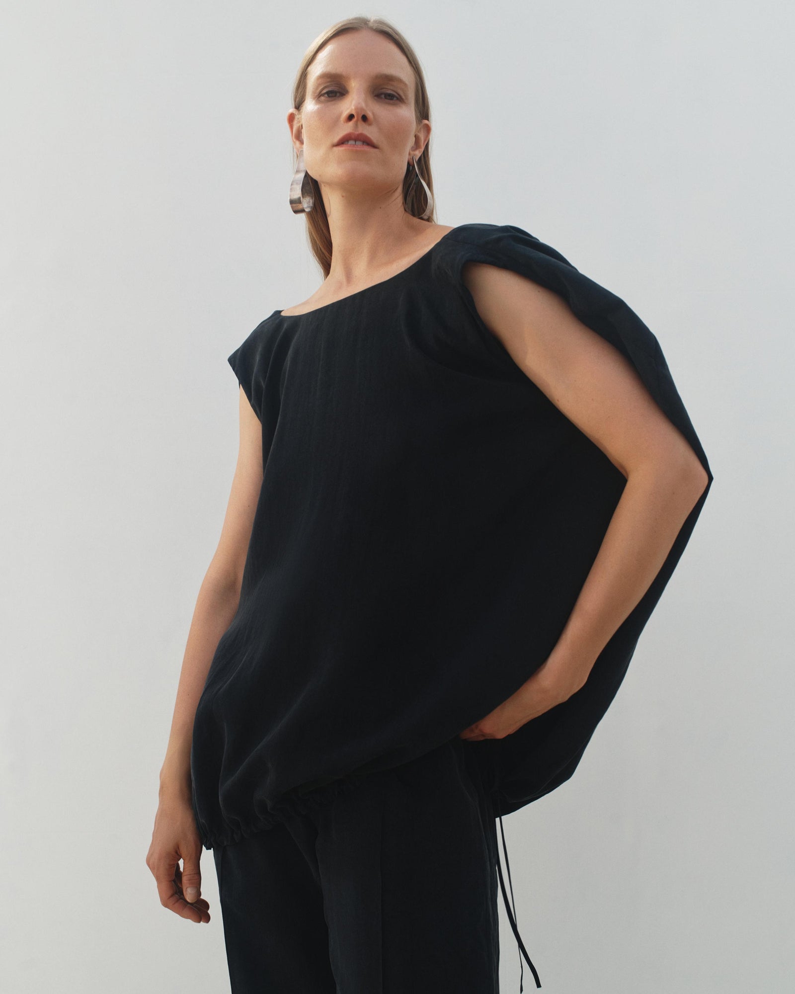 Another Tomorrow Drawstring Top in Black – Lyocell Women's Top