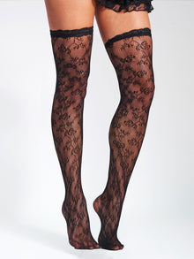 Miss Circle Lace Floral Print Thigh Highs | Black