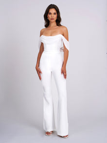 Sherlyn Off Shoulder Flared Crepe Jumpsuit | White