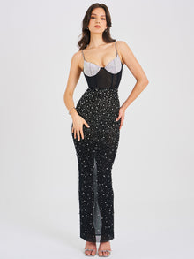 Jimena Crystal Embellished Back Slit Maxi Dress | Black