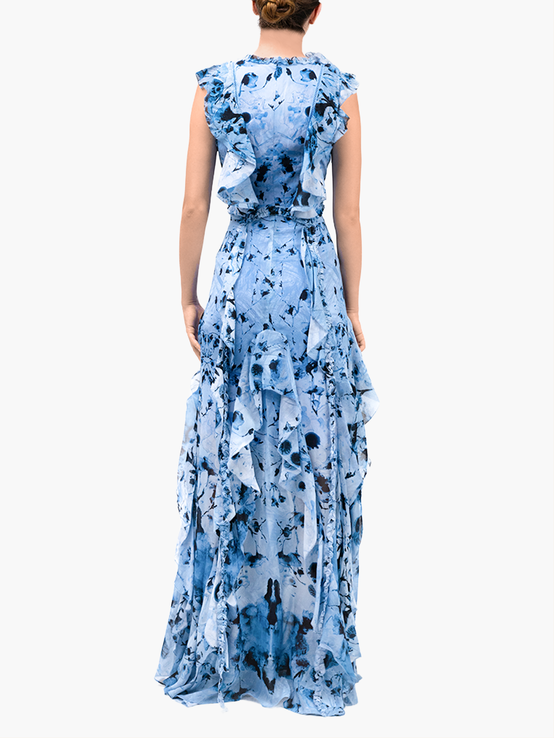 Painterly Print Sleeveless Georgette Gown | Blue