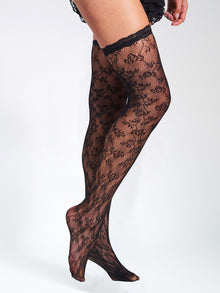 Miss Circle Lace Floral Print Thigh Highs | Black