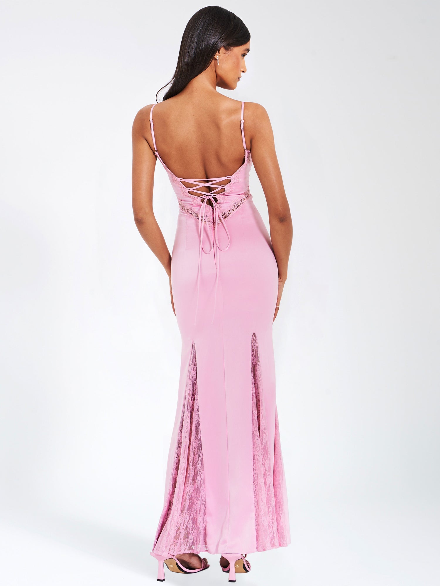 Xandria Lace Satin Mermaid Flare Maxi Dress | Pink