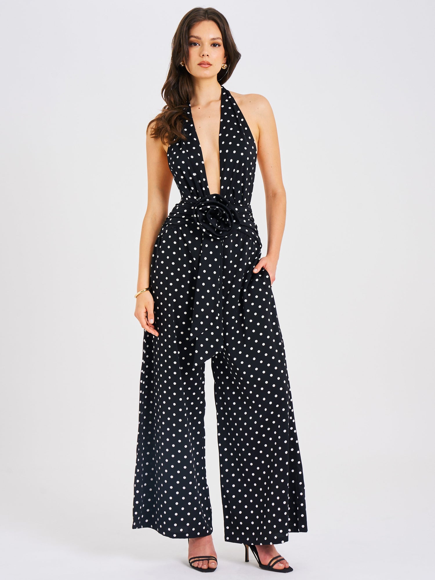 Oriana Polka Dots Halter Jumpsuit | Black