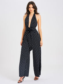 Oriana Polka Dots Halter Jumpsuit | Black