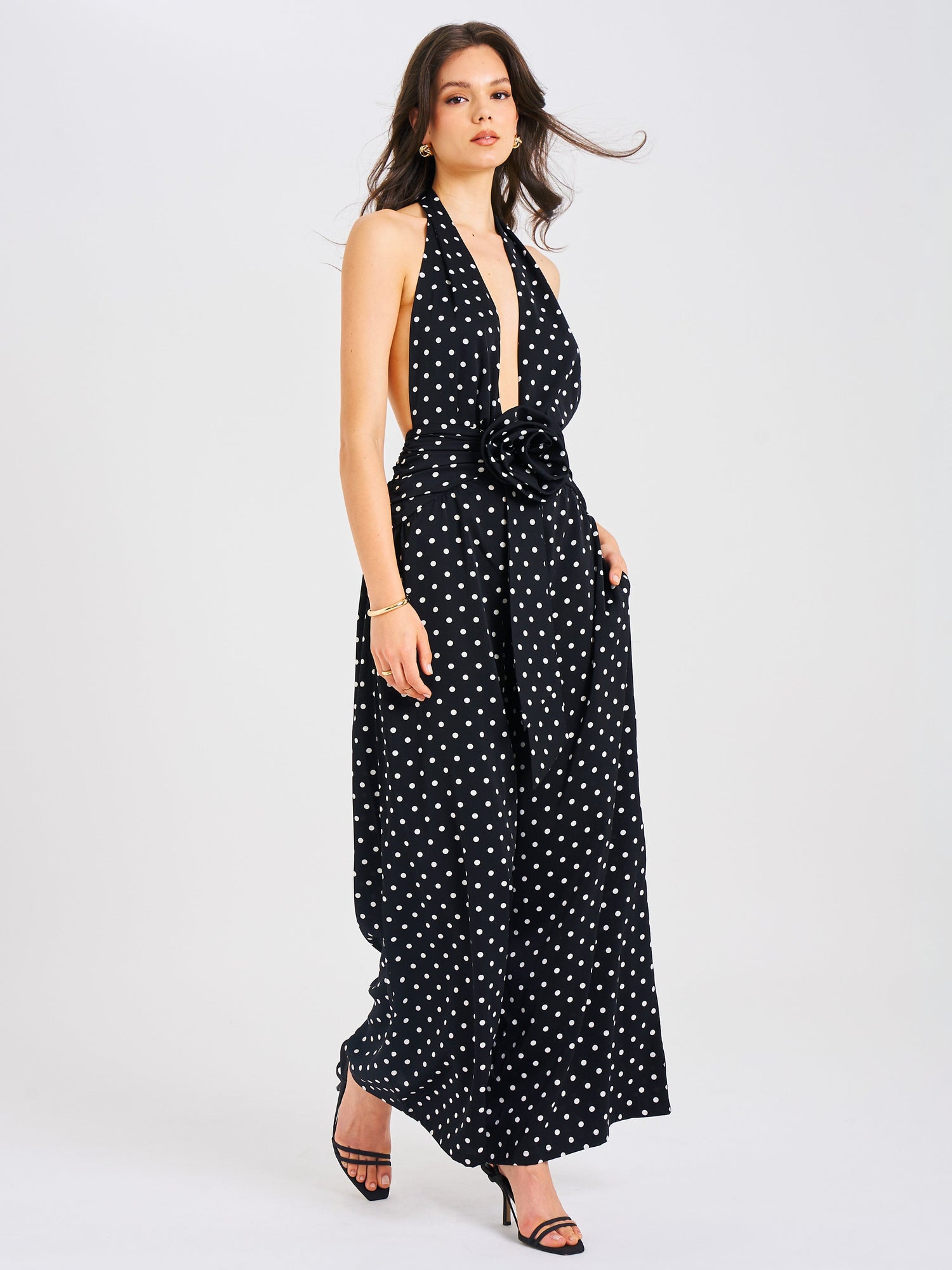 Oriana Polka Dots Halter Jumpsuit | Black