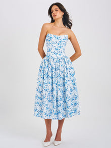 Paloma Print Linen Corset Draping Top Midi Dress | Blue