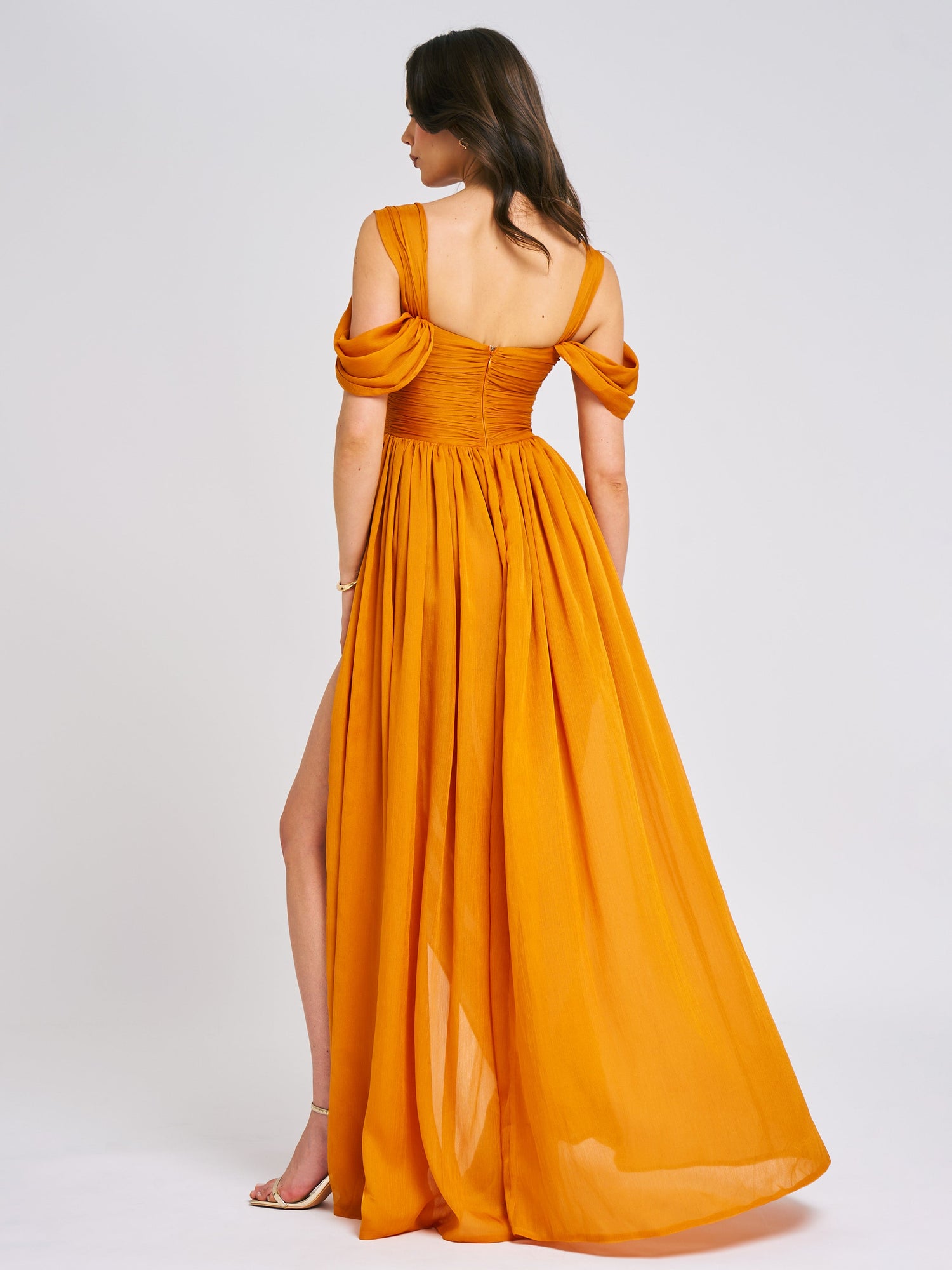 Jelani Layered Mesh High-Slit Drape Maxi Dress | Orange