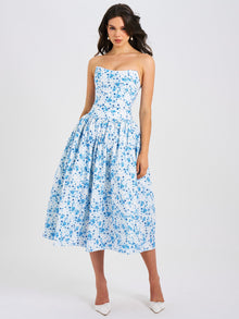 Paloma Print Linen Corset Draping Top Midi Dress | Blue