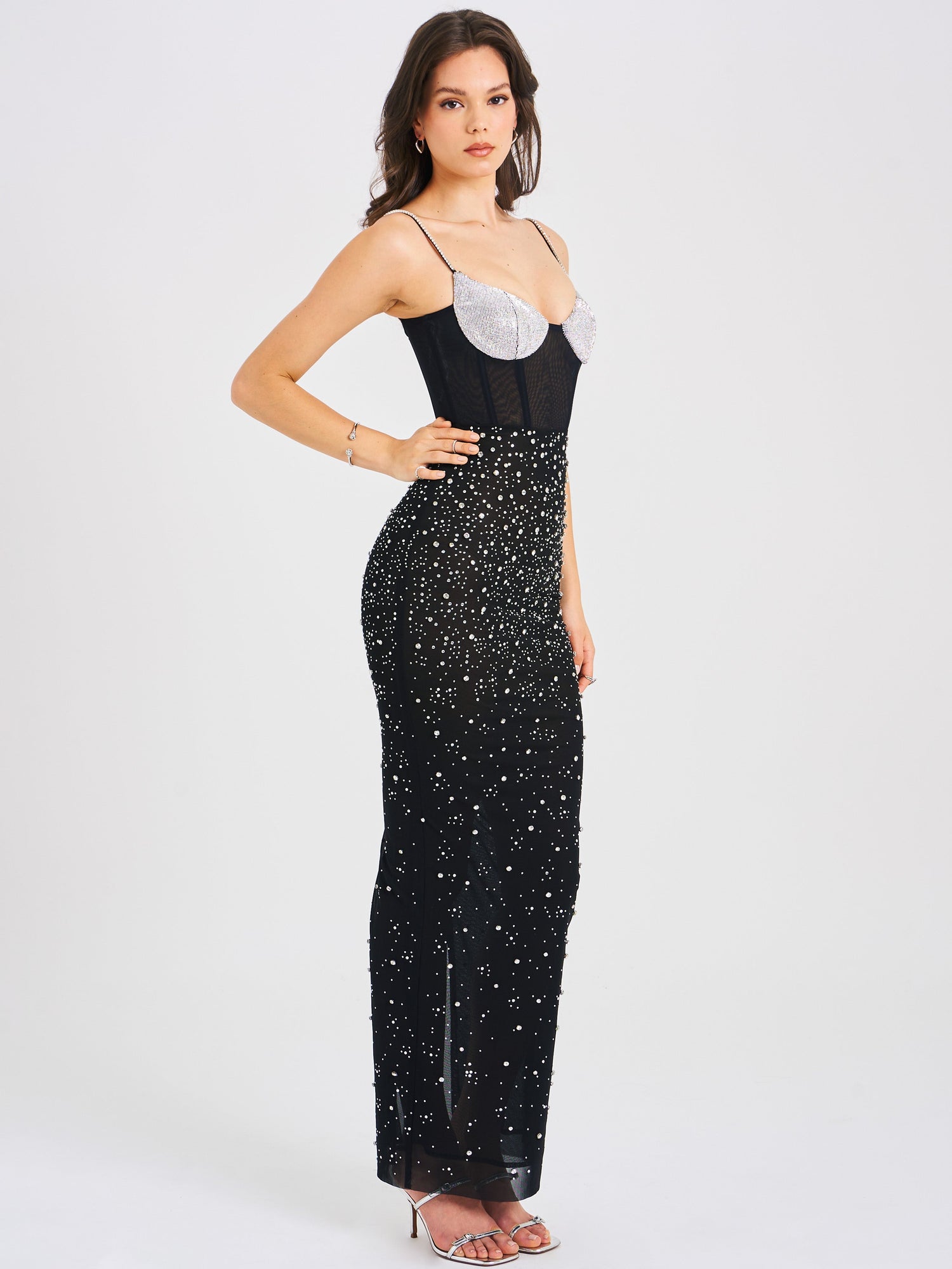 Jimena Crystal Embellished Back Slit Maxi Dress | Black