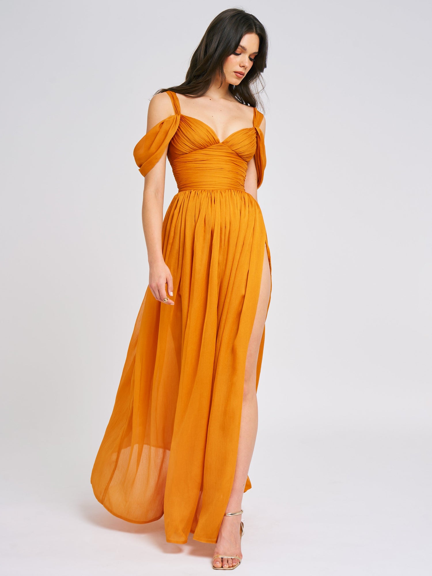 Jelani Layered Mesh High-Slit Drape Maxi Dress | Orange