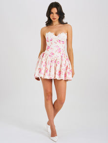 Samara Floral Drop Waist Linen Corset Puffy Mini Dress | Pink