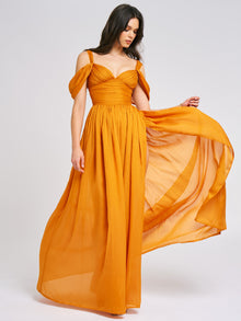 Jelani Layered Mesh High-Slit Drape Maxi Dress | Orange