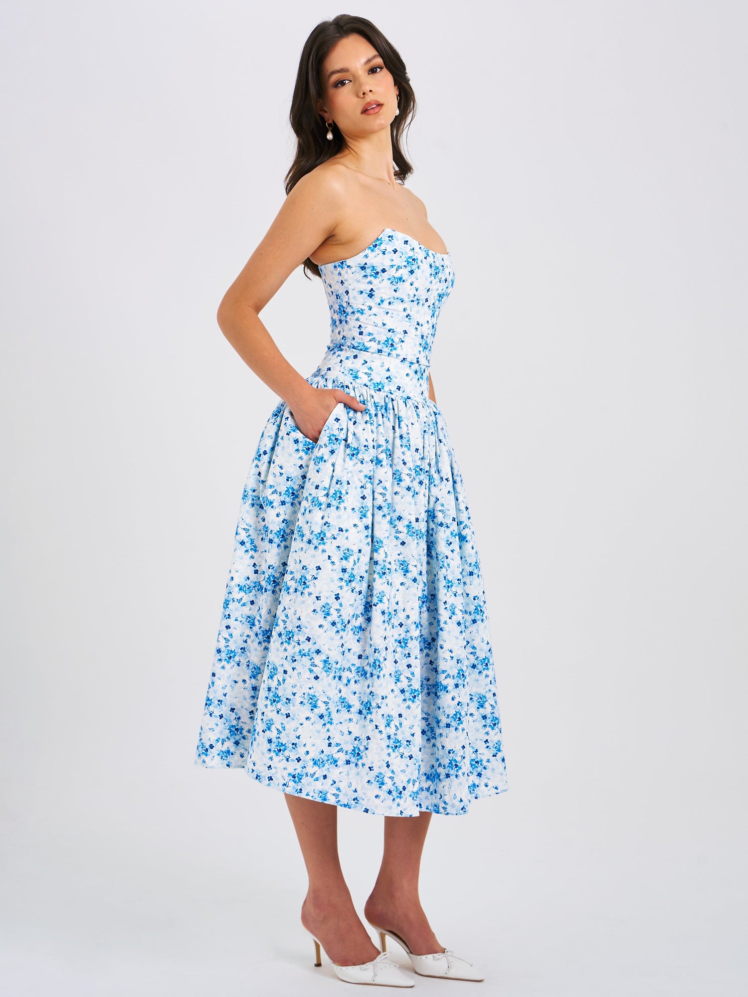 Paloma Print Linen Corset Draping Top Midi Dress | Blue