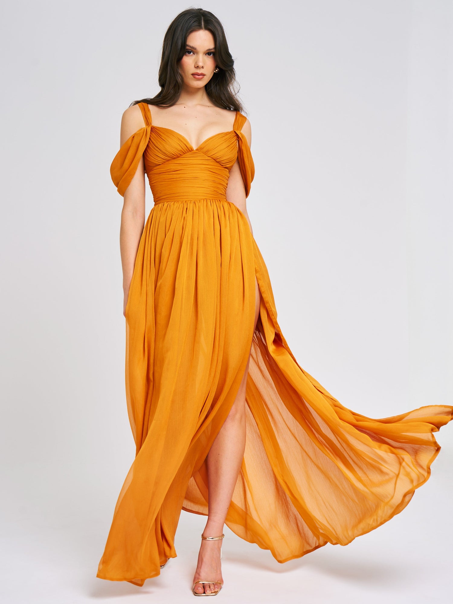 Jelani Layered Mesh High-Slit Drape Maxi Dress | Orange