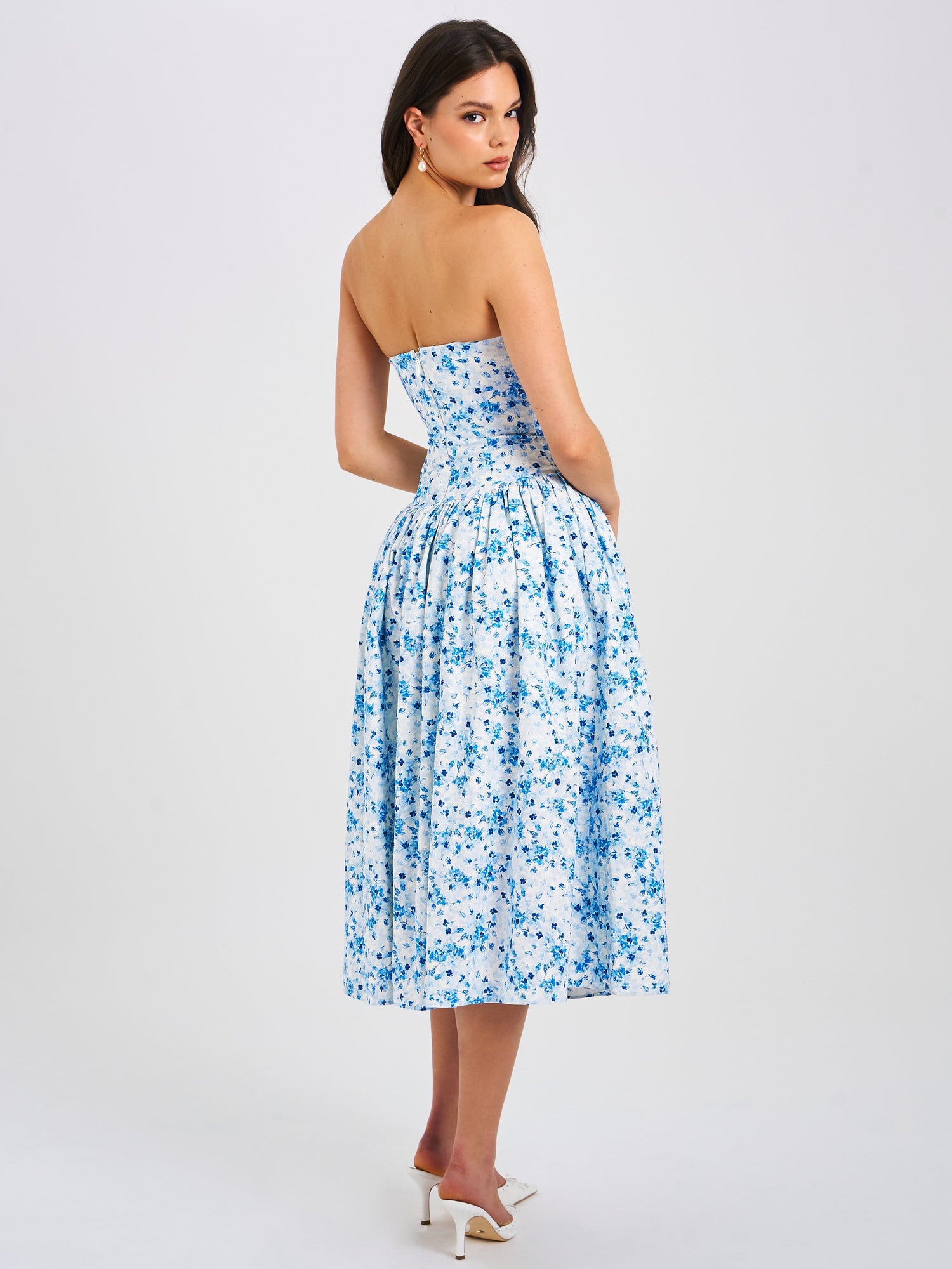 Paloma Print Linen Corset Draping Top Midi Dress | Blue