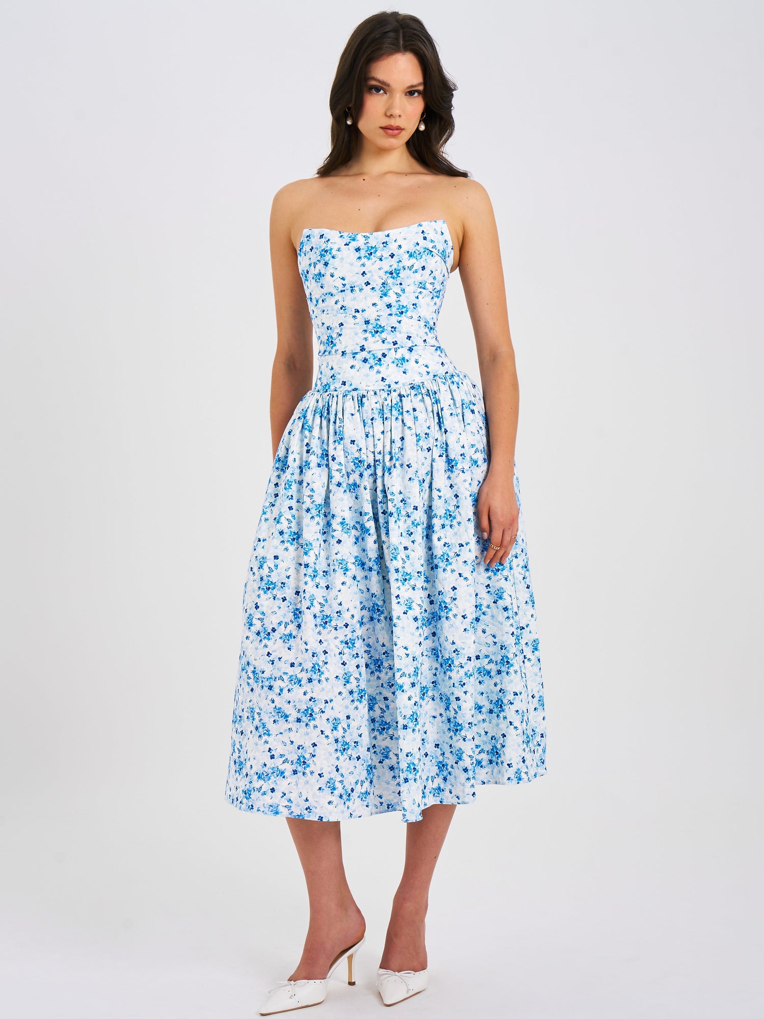 Paloma Print Linen Corset Draping Top Midi Dress | Blue