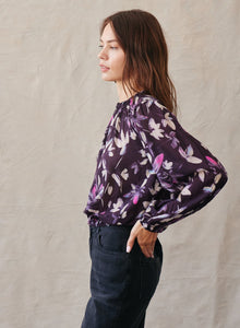 Long Sleeve Smocked Neck Pullover - Floral Plum Print