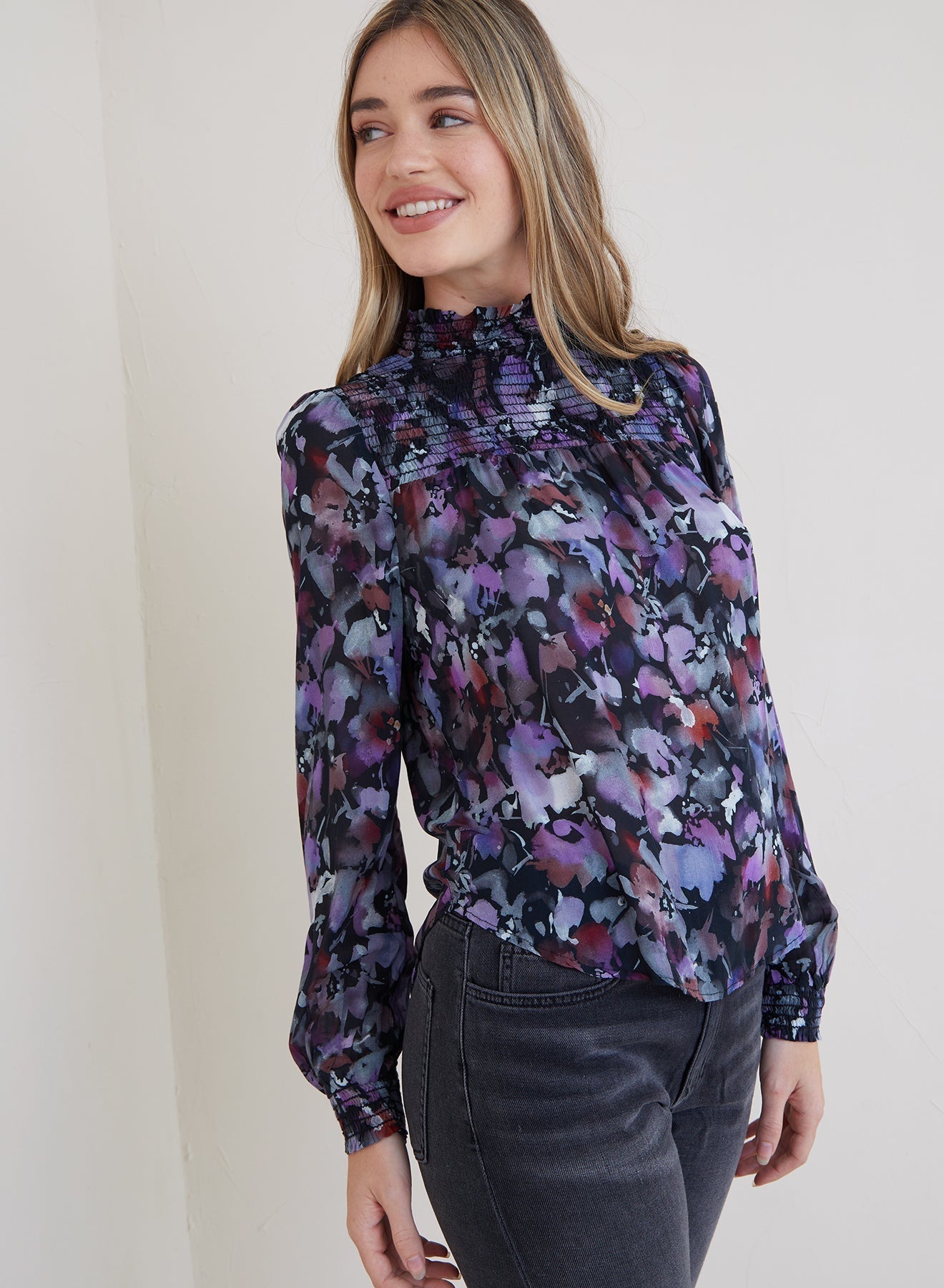 Long Sleeve Smocked Neck Blouse - Evening Floral Print