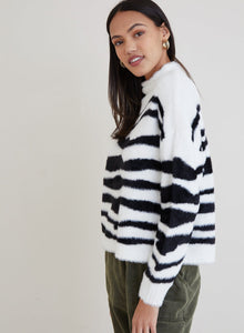 Fuzzy Mock Neck Sweater - Winter White Zebra