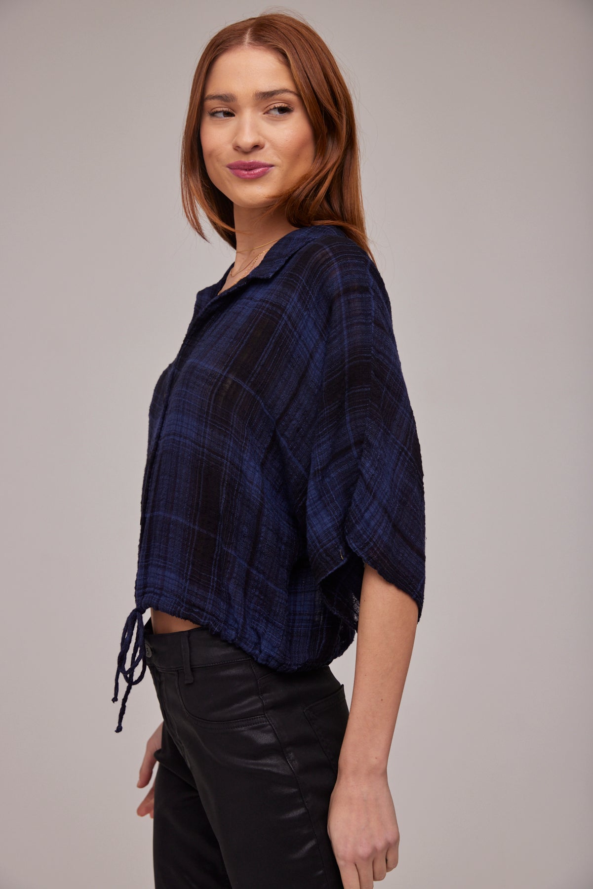 Flowy Tie Waist Shirt - Admiral Blue Plaid