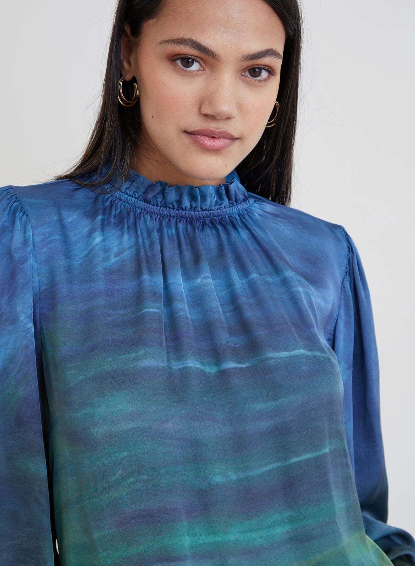 Tie-Dye Long Sleeve Ruffle Neck Top - Navy Ink Horizon Dye