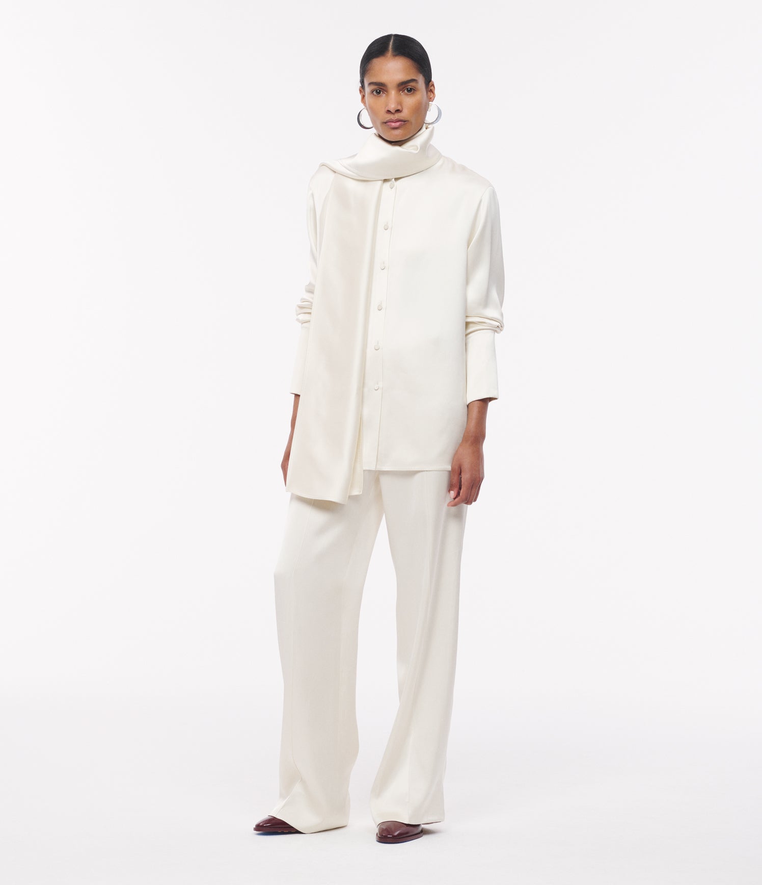 Another Tomorrow Band Collar Blouse With Scarf in Cream – Satin Women's Top