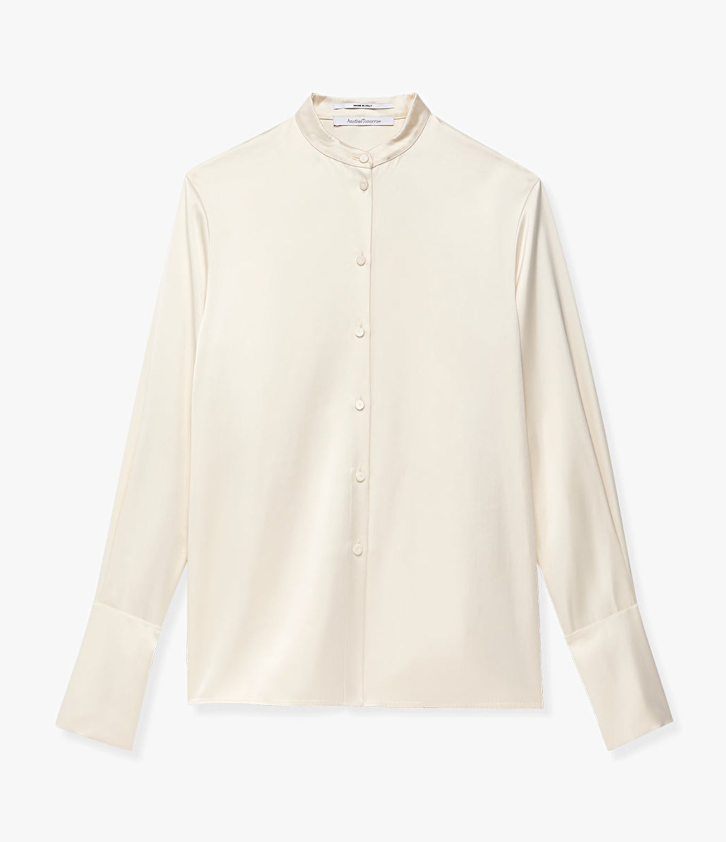 Another Tomorrow Band Collar Blouse With Scarf in Cream – Satin Women's Top
