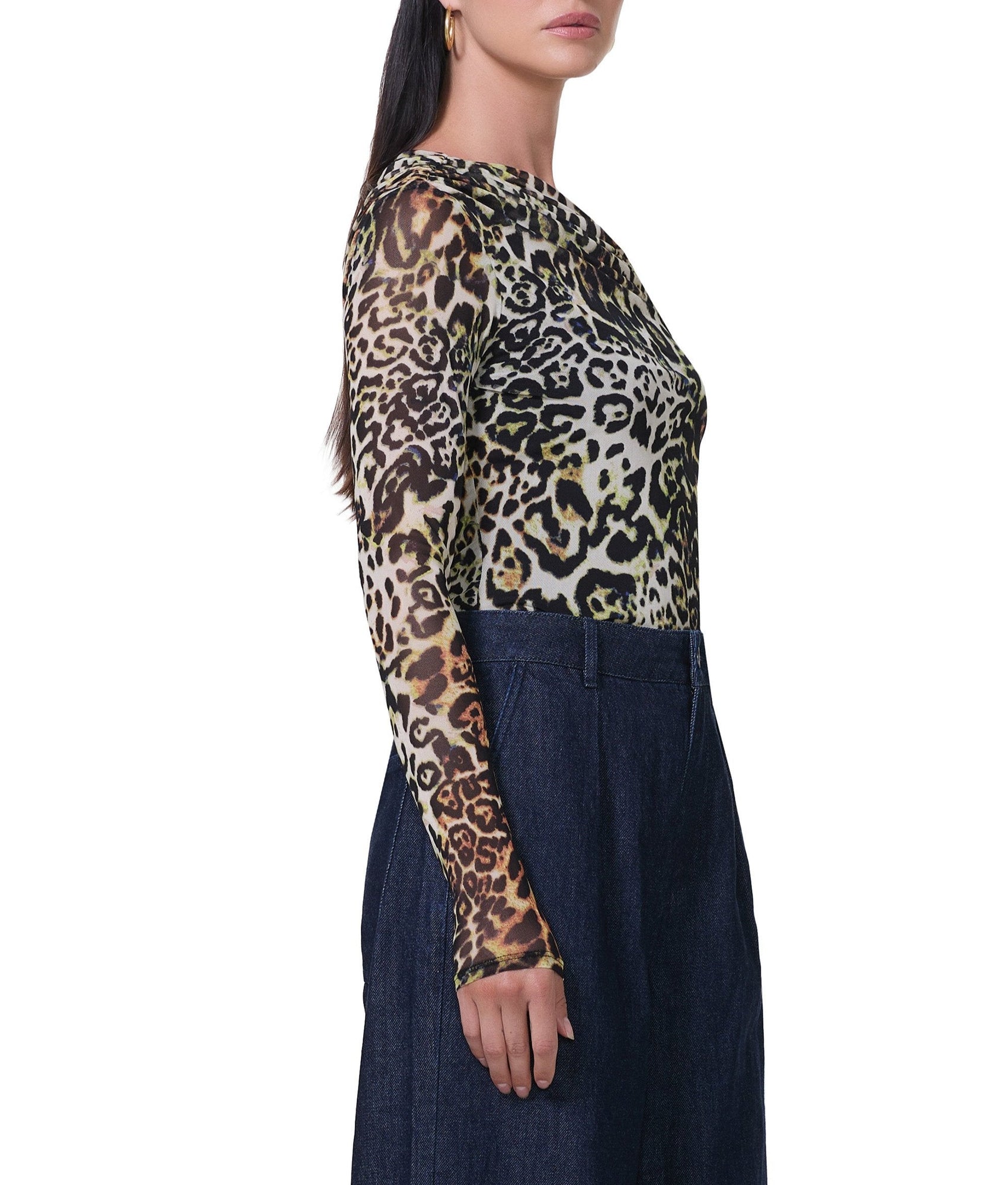 women's long sleeve top with draped neckline in animal print