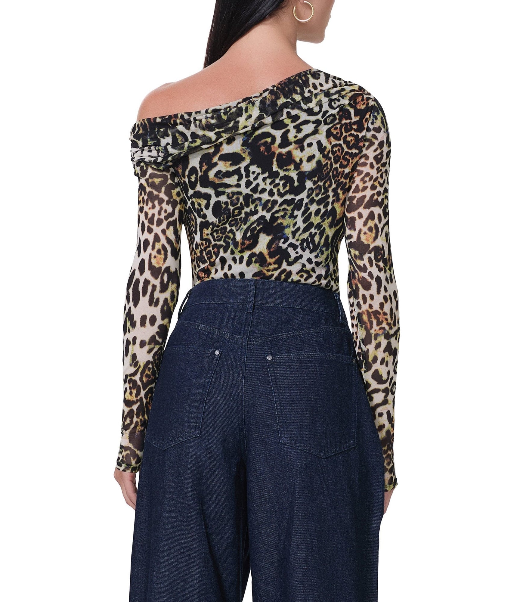 women's long sleeve top with draped neckline in animal print