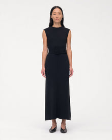 Another Tomorrow Bias Belted Dress in Black – Crêpe Women's Dress