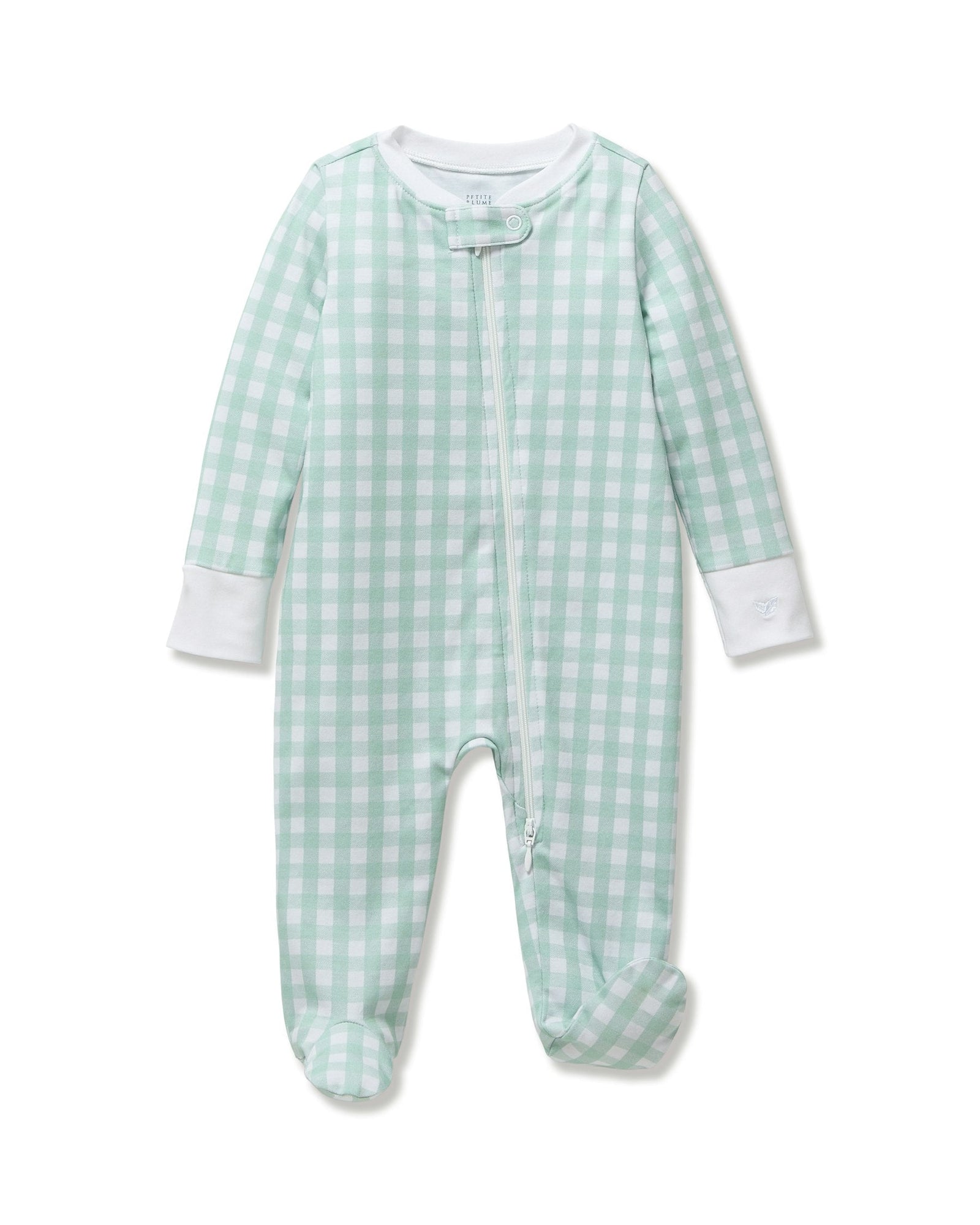The Baby's Pima Romper PP x Bobbie features a mint green and white gingham pattern, long sleeves, white cuffs and collar, a diagonal neck-to-ankle zipper, and a small button at the neckline.