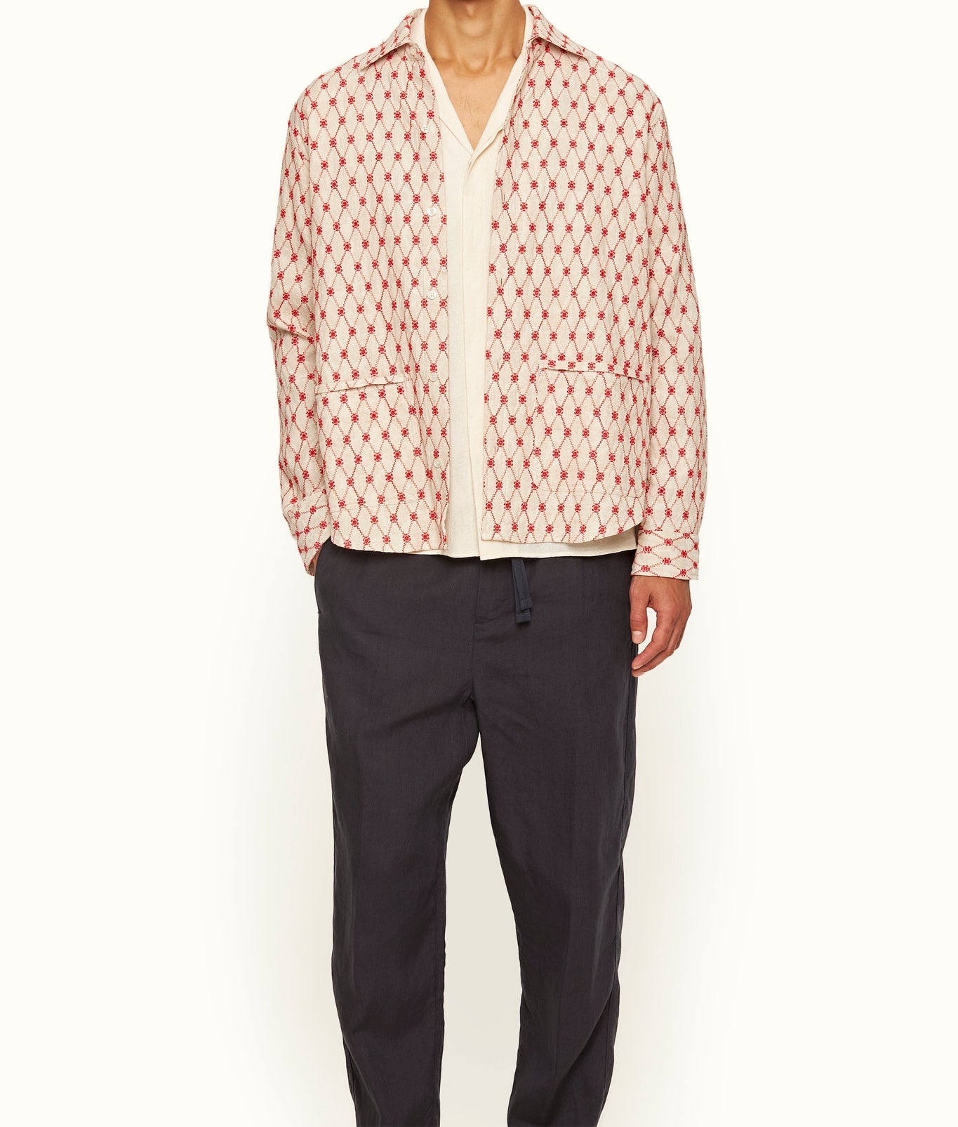 Barkley Cutaway Collar Lattice Embroidery Jacquard Resort Overshirt | Summer Red/White Sand