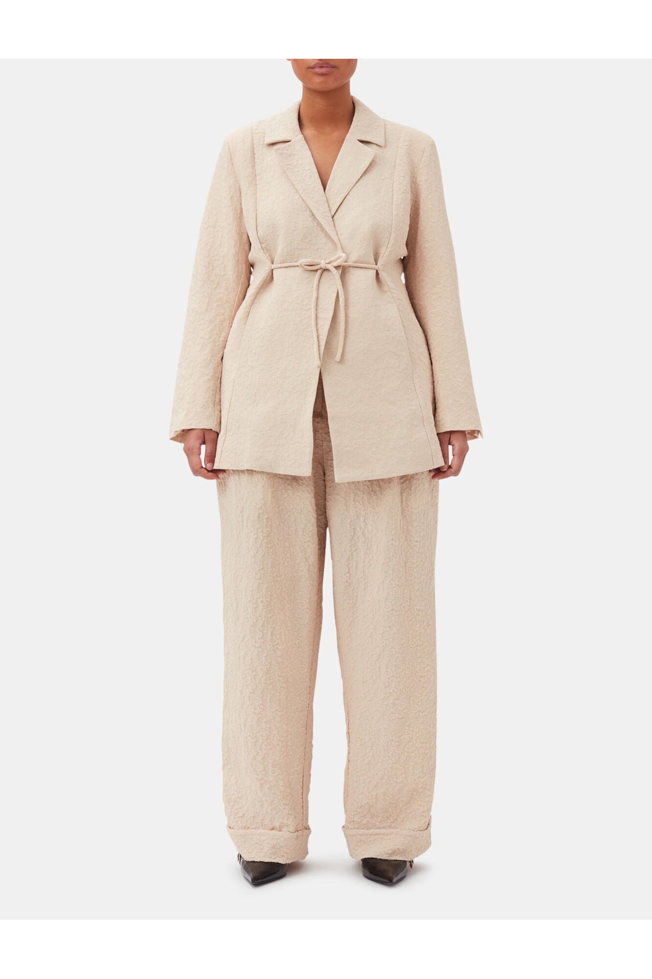 Beige Textured Suiting Mid Waist Trousers | Oyster Gray