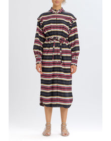 Belted Striped Button Up Dress | Black Combo