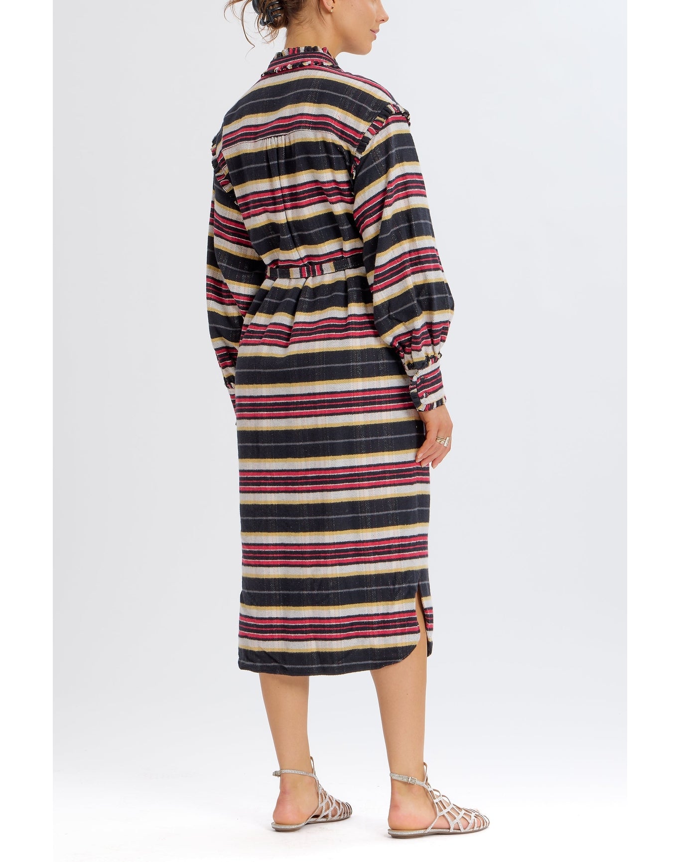 Belted Striped Button Up Dress | Black Combo