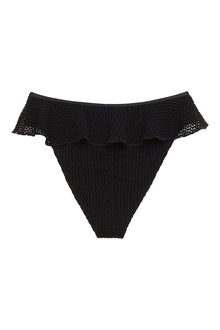 Black crochet bikini bottom with ruffled off-shoulder neckline and openwork detailing.