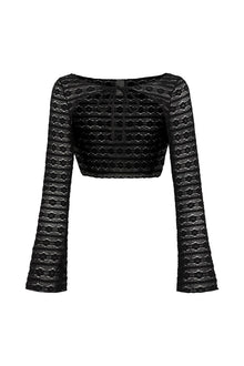 Black lace cropped top with daisy pattern and long flared sleeves.