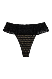 Black lace bikini bottom with ruffled waistband and geometric daisy pattern throughout.