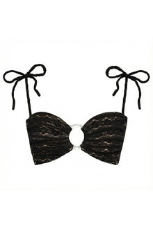 Black lace bandeau bikini top with tie shoulder straps and center ring detail.