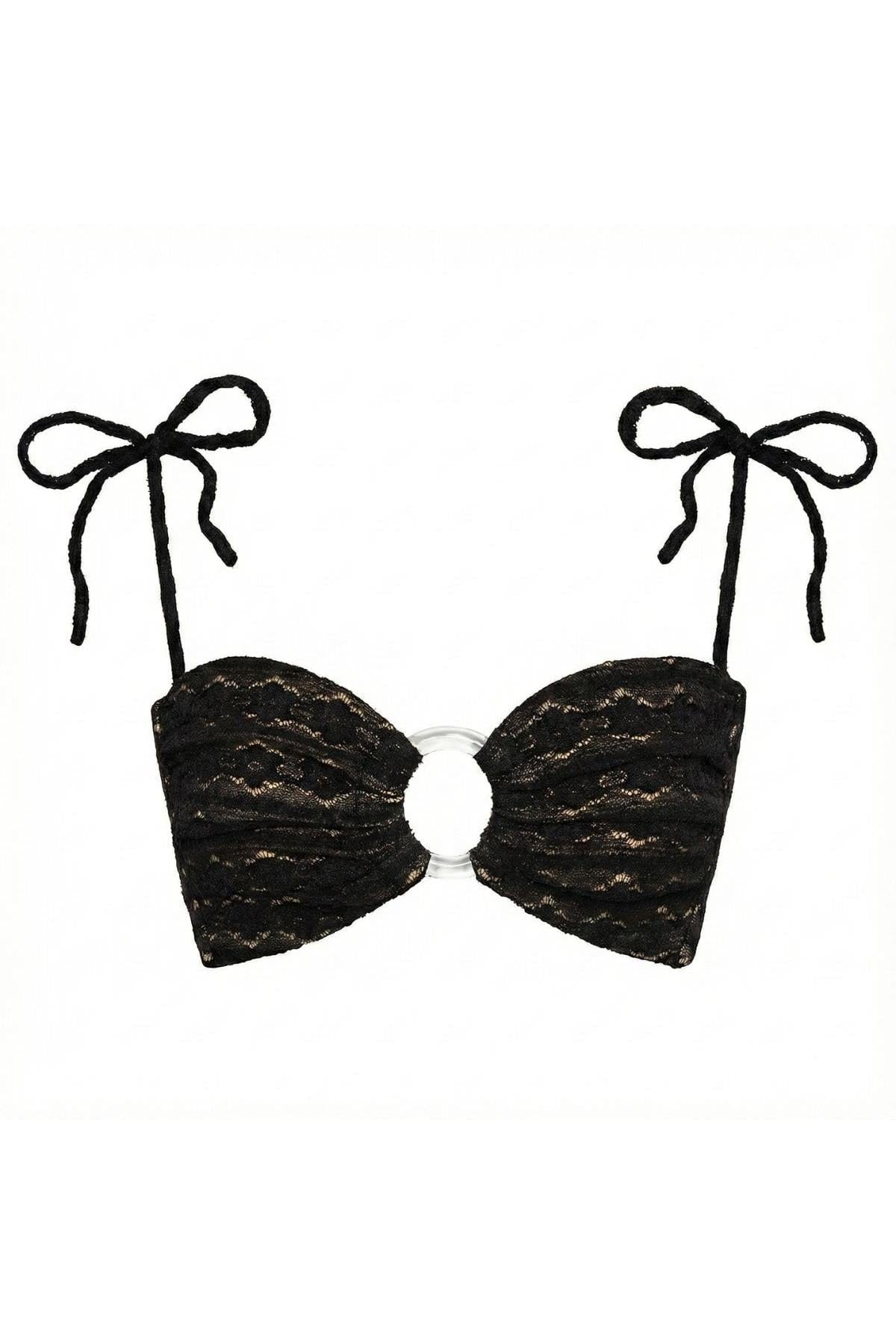 Black lace bandeau bikini top with tie shoulder straps and center ring detail.