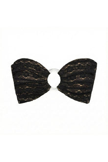 Black lace bandeau bikini top with daisy pattern and white ring center detail.